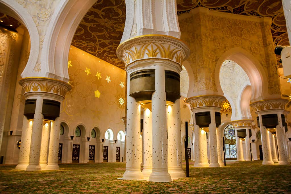 Some of the 96 columns supporting the main domes on the inside of the prayer hall Some of the 96 columns supporting the main domes on the inside of the prayer hall