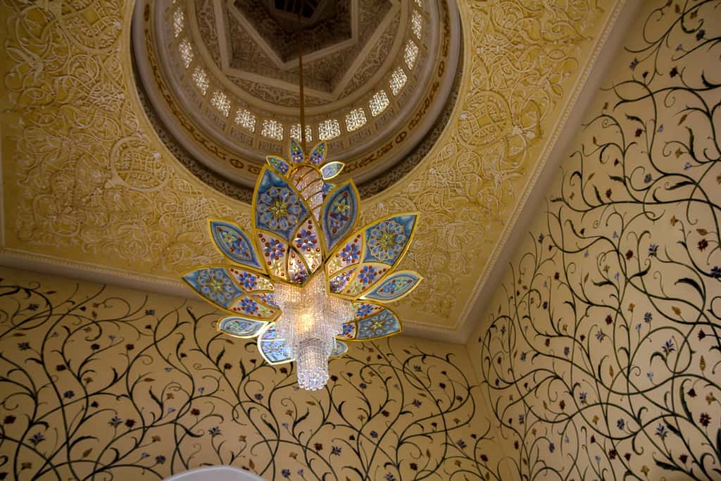 One of the seven crystal chandeliers in the Grand Mosque One of the seven crystal chandeliers in the Grand Mosque
