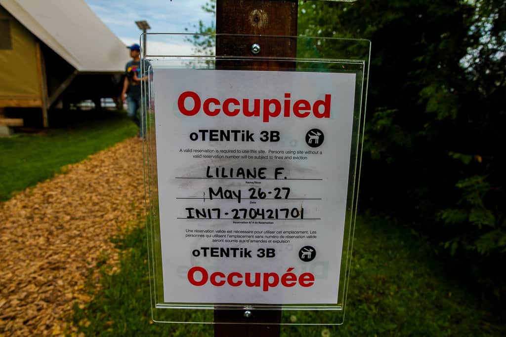 The reservation sign in front of the oTENTik tent you reserved