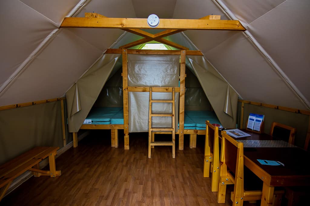 The inside of the oTENTik camps highlighting what's inside the tent