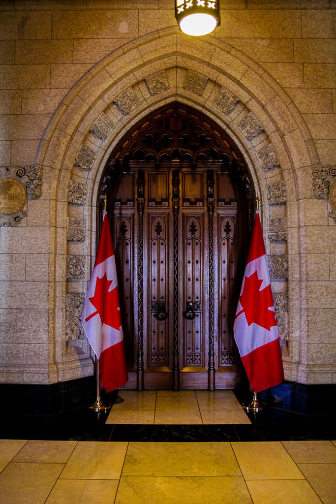 The very well known doors in front of where all the TV conferences are held