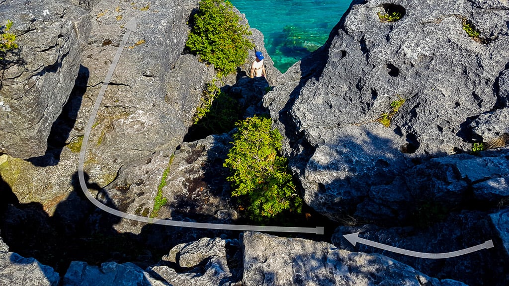 Climbing down Tobermory Grotto