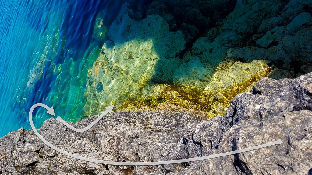 Climbing down Tobermory Grotto Climbing down Tobermory Grotto