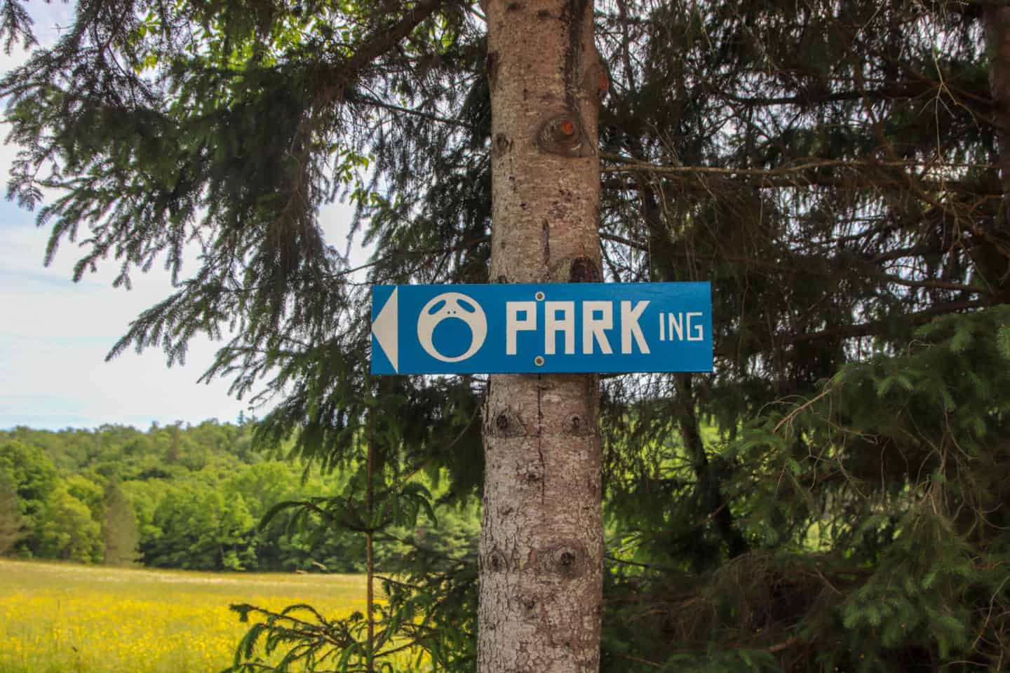 Parking sign to show you where the Screaming Heads property is