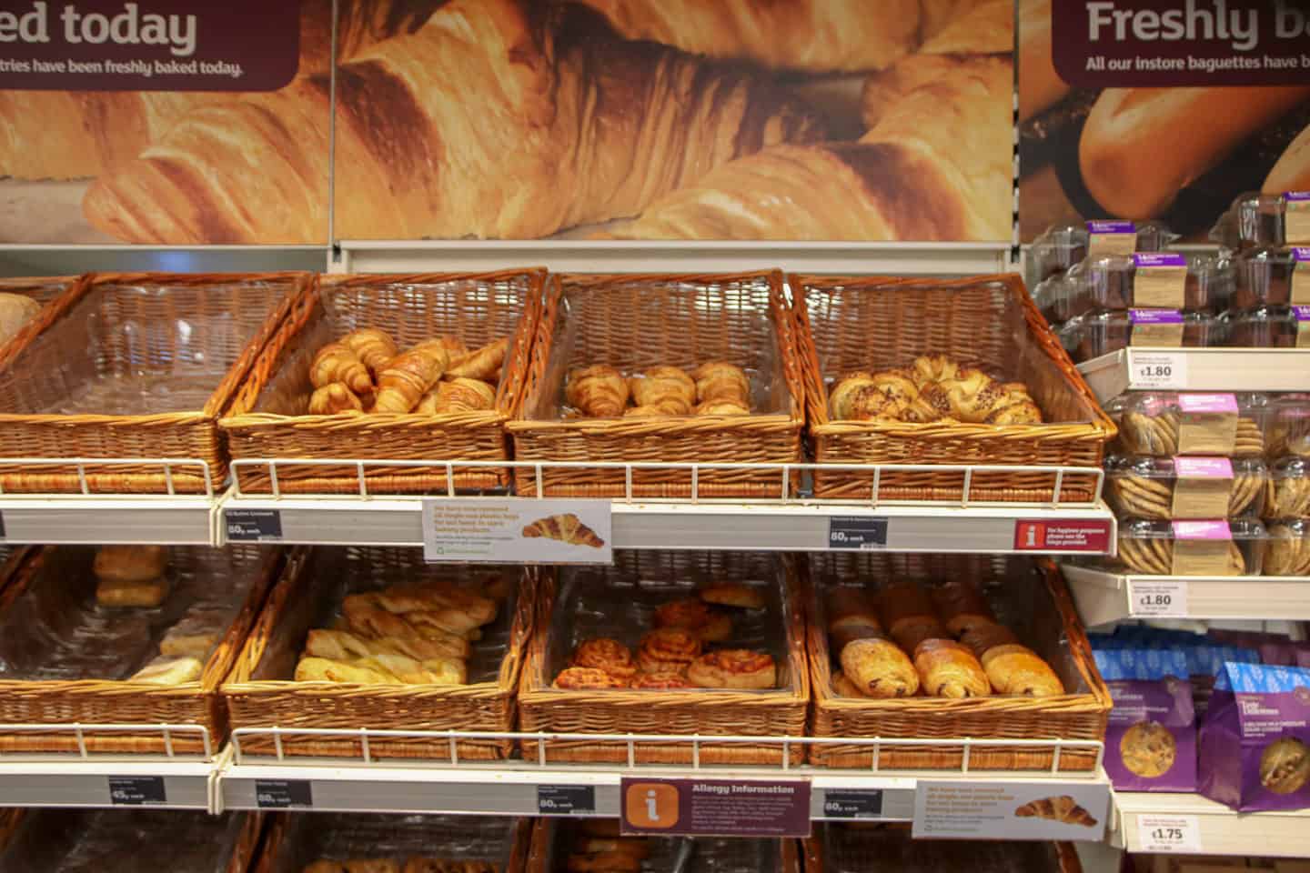 Fresh bread section in Tesco, a London grocery store