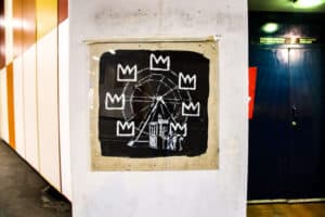 One of the 2 Basquiat/Banksy pieces that is still visible at the Barbican Centre One of the 2 Basquiat/Banksy pieces that is still visible at the Barbican Centre