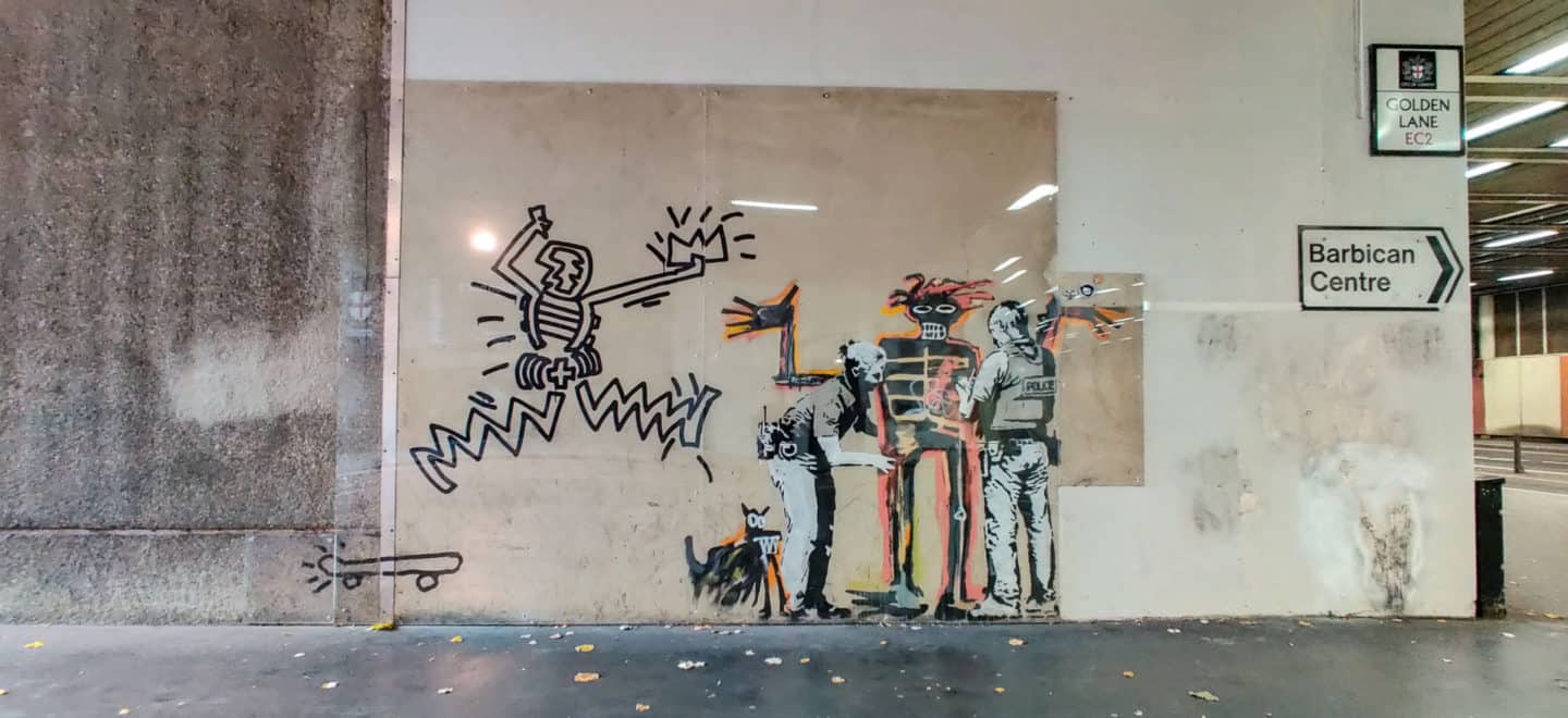 One of the 2 Basquiat/Banksy pieces that is still visible at the Barbican Centre One of the 2 Basquiat/Banksy pieces that is still visible at the Barbican Centre