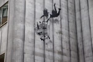 Falling Shopper is one of the London Banksy pieces