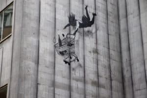 Falling Shopper is one of the London Banksy pieces Falling Shopper is one of the London Banksy pieces