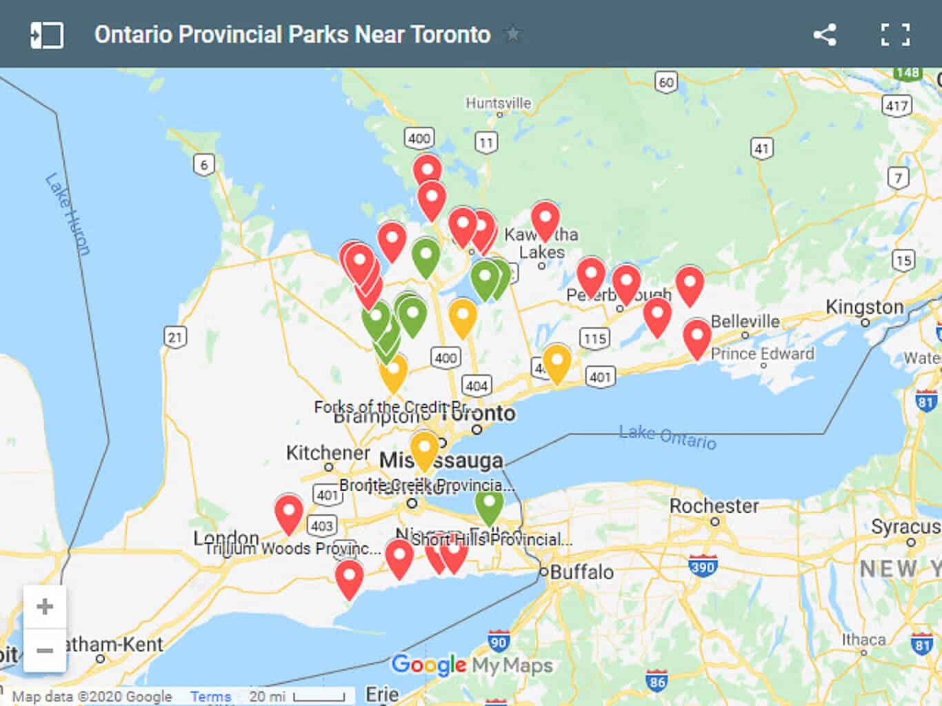 Map of all of the Ontario Provincial Parks Near Toronto